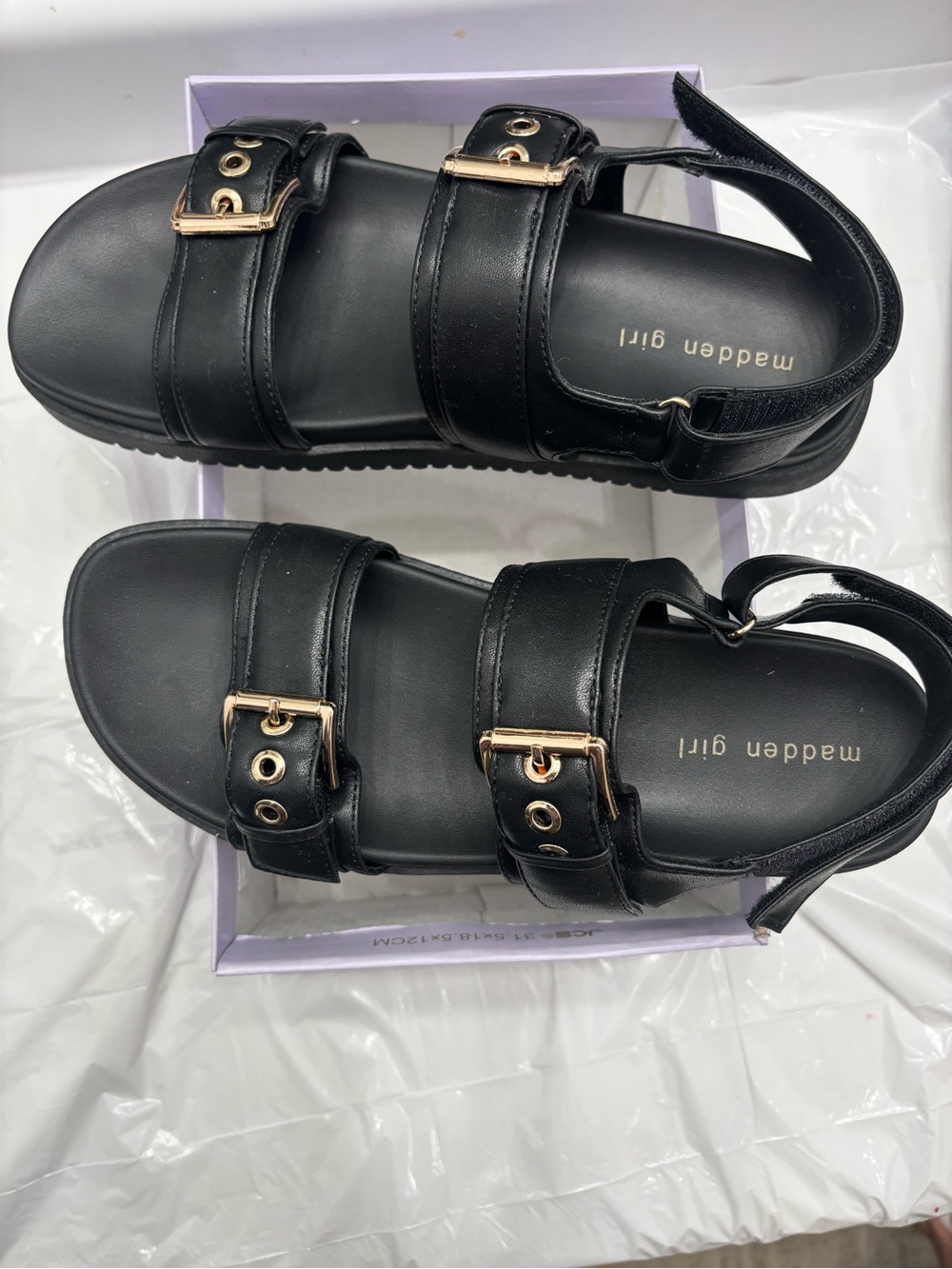 Madden Girl Black Sandals with Gold Buckles - Picture 3 of 4